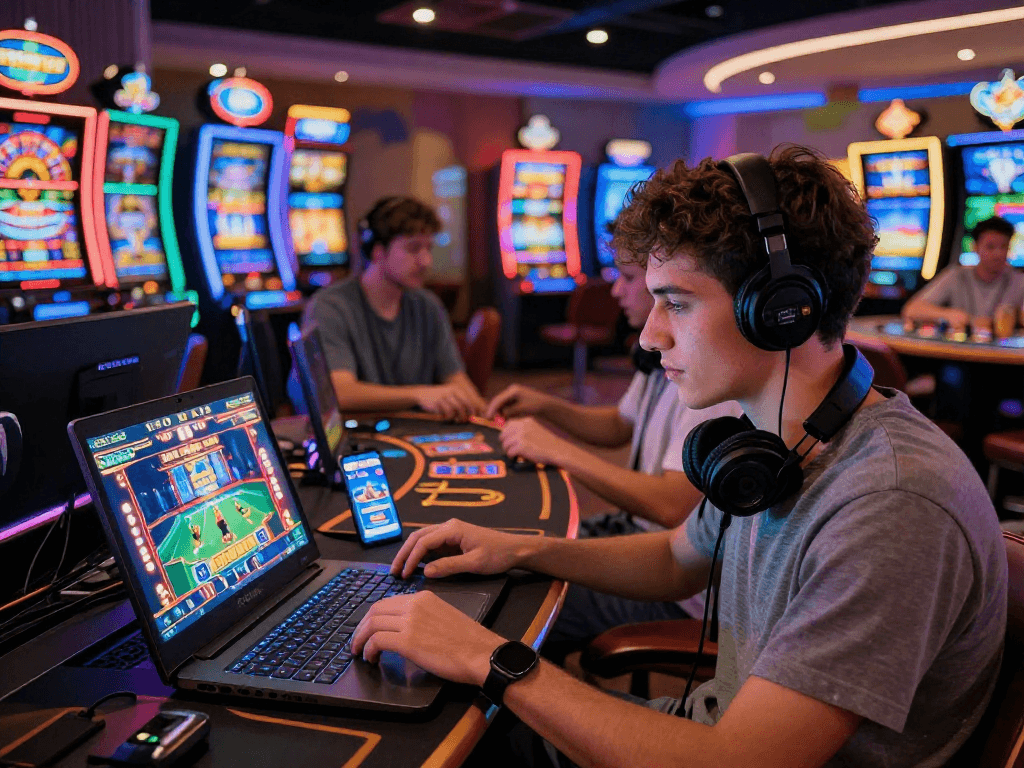 Giocatore entusiasta in un casinò online non AAMS, immerso in un gioco di slot virtuale, circondato da luci colorate.