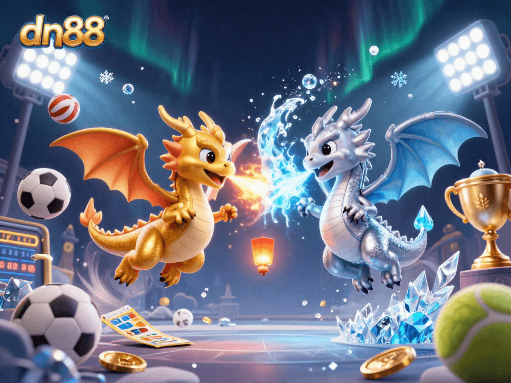 Join the thrilling action of dn88 as twin dragons entwine above a vibrant casino scene filled with dynamic sports elements.