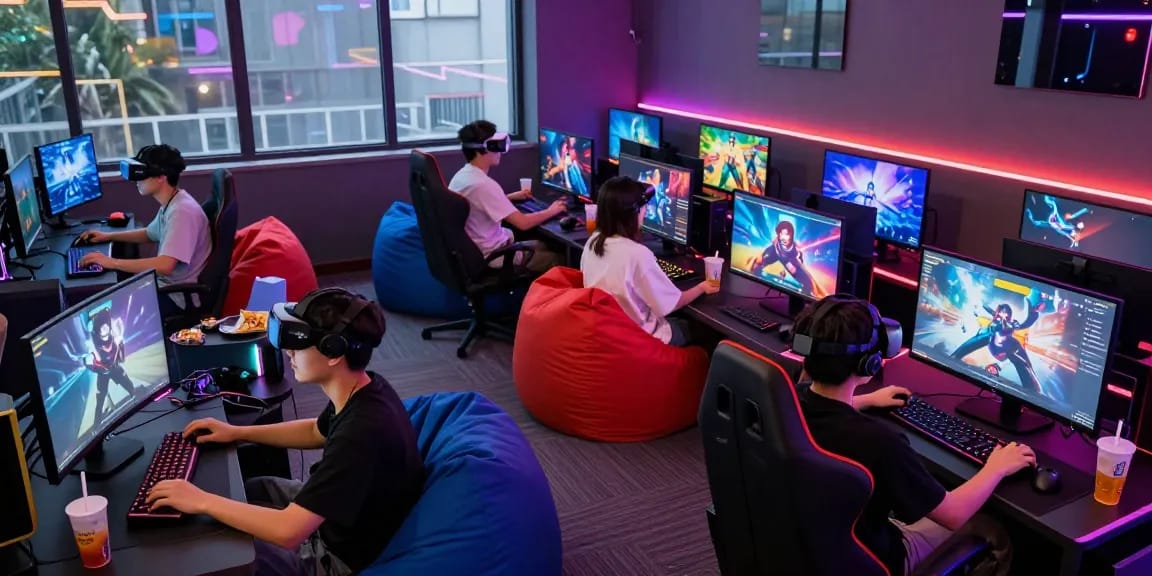 Engaged group playing free porn ganes in vibrant gaming lounge with neon lights.
