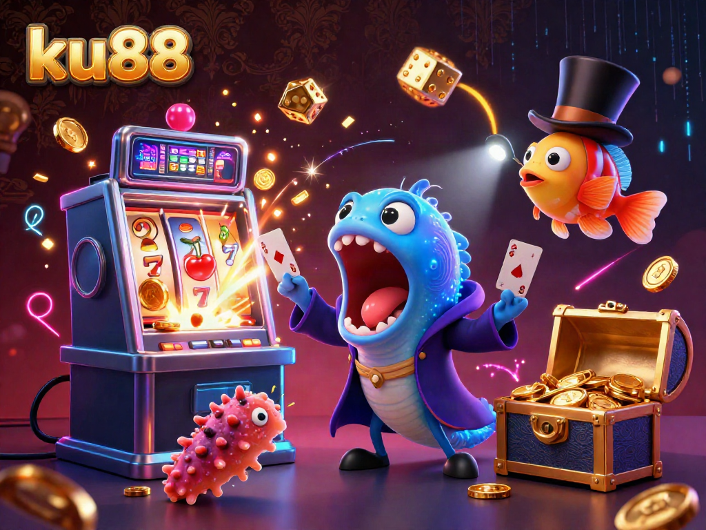 Experience the magic of ku88 with a vibrant illustration featuring underwater casino action and dynamic gaming elements.