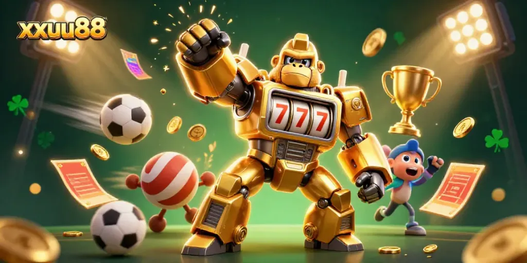 Experience thrilling gameplay with xxuu88, featuring a golden gorilla mech amidst dynamic sports elements.
