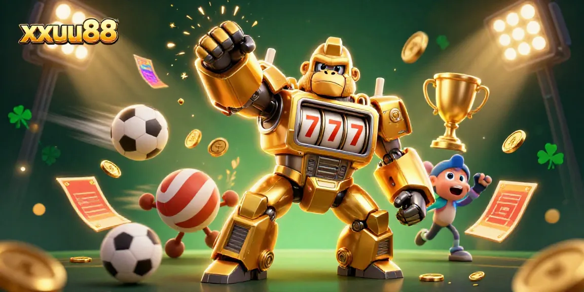 Experience thrilling gameplay with xxuu88, featuring a golden gorilla mech amidst dynamic sports elements.