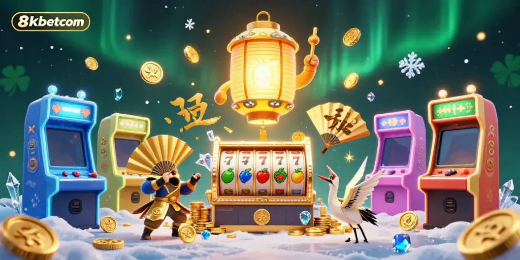 Experience the excitement of 8kbetcom's vibrant casino with golden lanterns and interactive games.