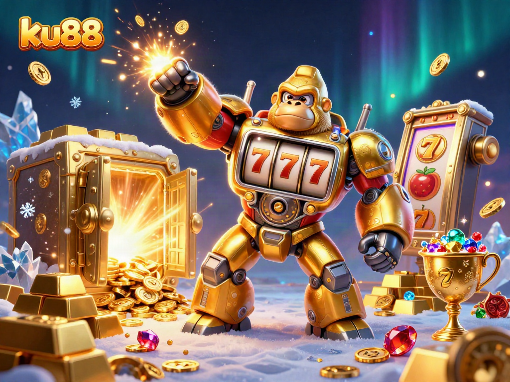 Engage with ku88's thrilling slots featuring a vibrant golden gorilla mech bursting with treasures.