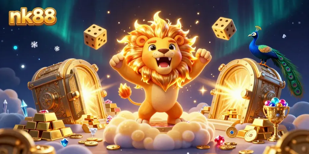 Experience the thrill of nk88 with a vibrant 3D casino celebration featuring golden treasures and joyous characters.