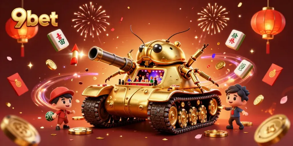 Experience thrilling wins at 9bet with a festive casino-themed digital illustration packed with games and celebration.