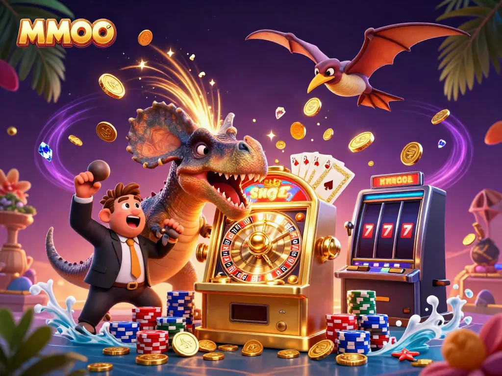 MMOO features a playful scene with a pachycephalosaurus celebrating a jackpot at a vibrant casino, capturing the excitement.