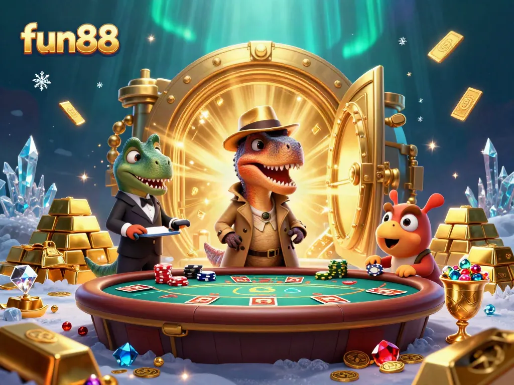 fun88 illustration with a velociraptor card counter at a blackjack table surrounded by gold treasures.