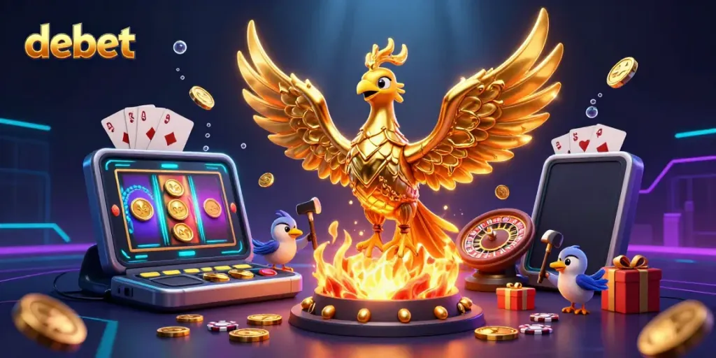 Experience debet with a vibrant gold phoenix and dynamic slot gaming elements in a lively casino scene.