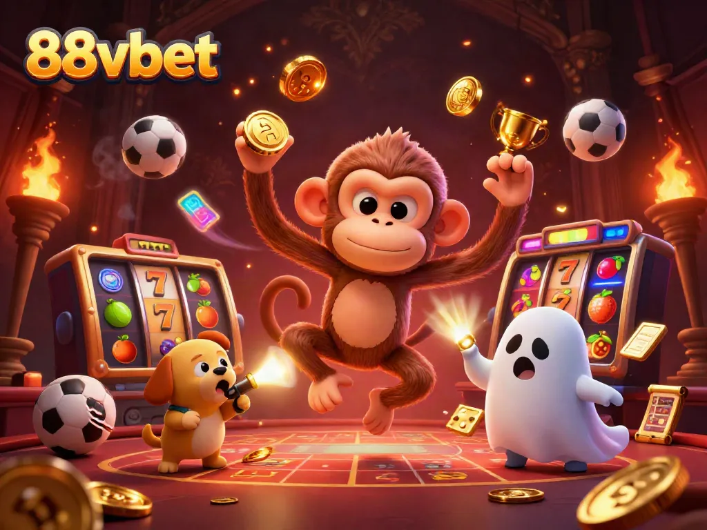 Experience thrilling gaming at 88vbet with an enchanting 3D illustration capturing a monkey juggling gold in a haunted casino.