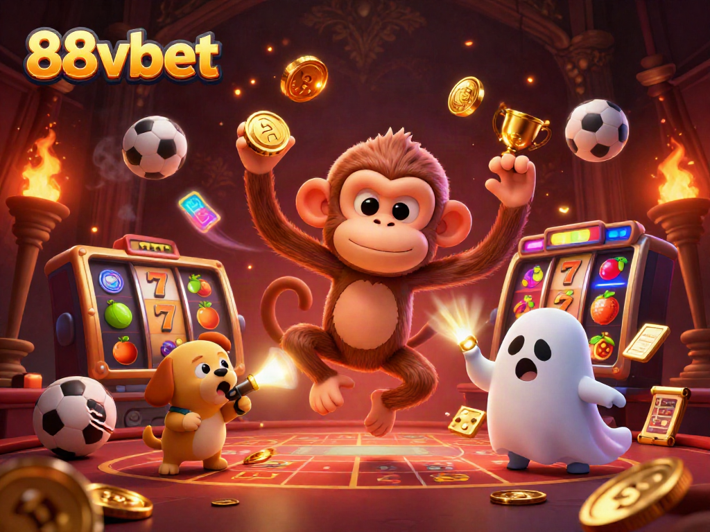 Experience thrilling gaming at 88vbet with an enchanting 3D illustration capturing a monkey juggling gold in a haunted casino.
