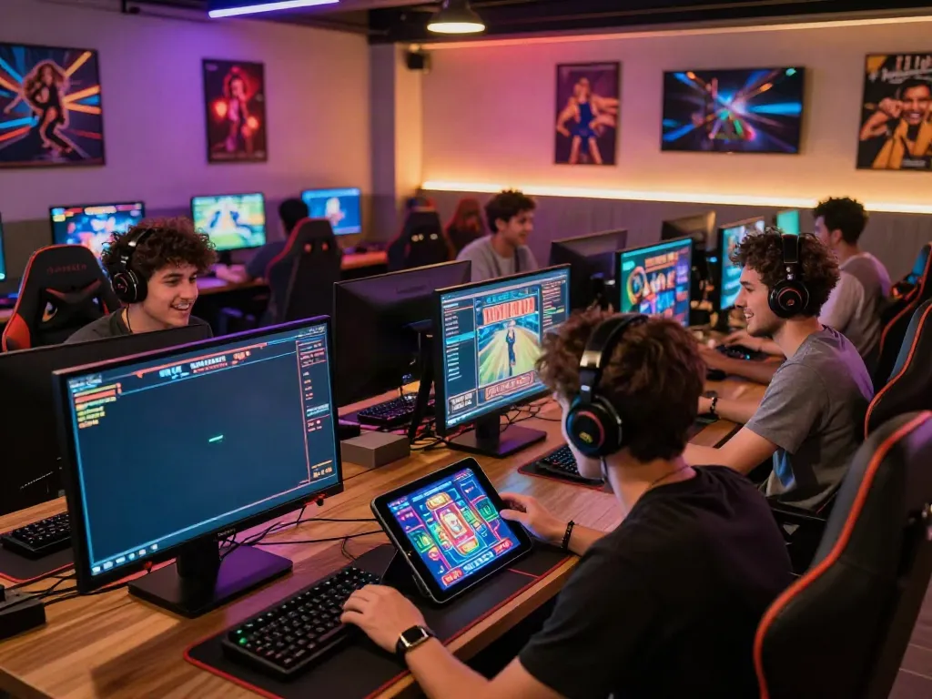 Diverse players enjoying online gaming at a modern gaming lounge focused on net88.