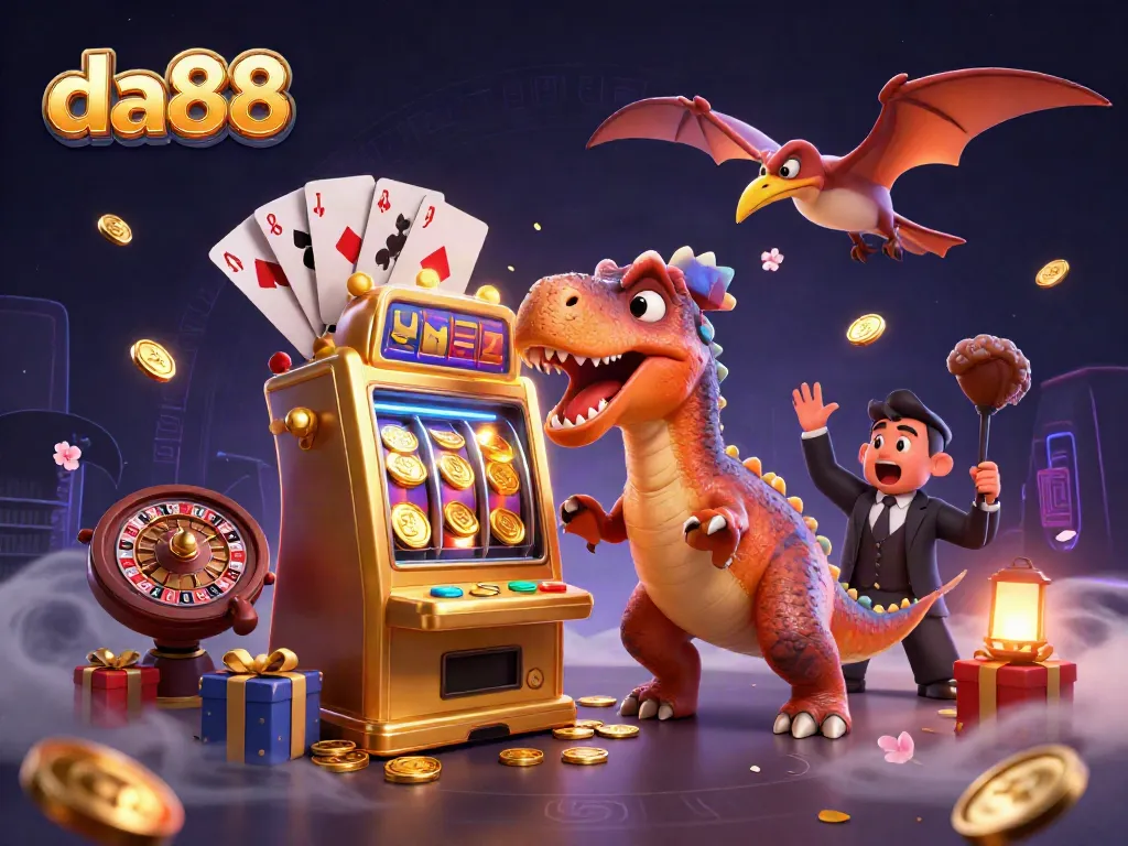 da88 features a cartoon pachycephalosaurus winning jackpots at a golden slot machine surrounded by vibrant casino elements.