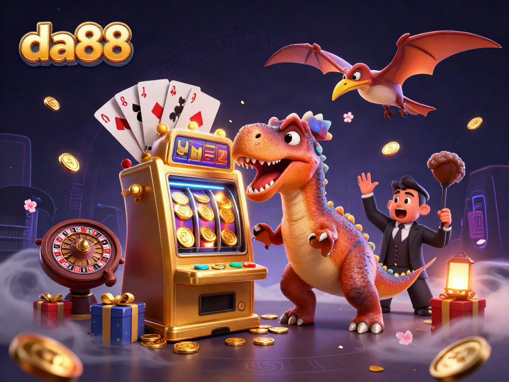 da88 features a cartoon pachycephalosaurus winning jackpots at a golden slot machine surrounded by vibrant casino elements.