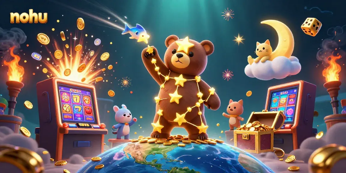 Nohu themed casino adventure featuring golden star bear scooping coins, slot machine explosion, and vibrant effects.
