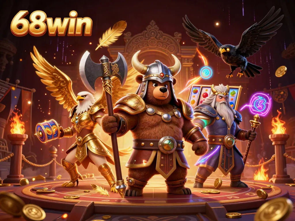 Experience the thrill of 68win with a Viking bear and Valkyrie eagle in an exciting casino scene.