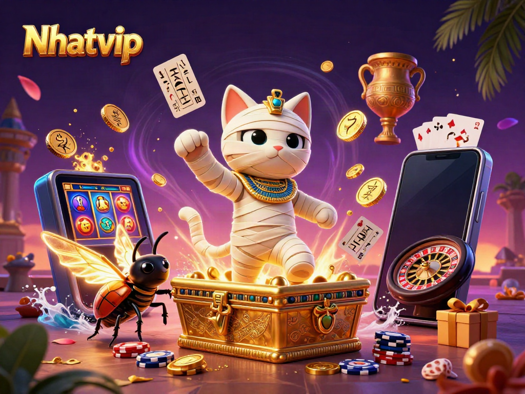 Nhatvip offers thrilling casino fun with a cartoon Egyptian mummy cat playing in a vibrant pyramid casino setting.