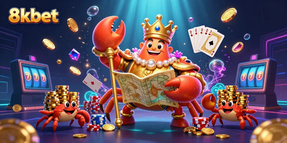 Engage in thrilling gameplay at 8kbet with casino elements like golden crab emperor, poker chips, and vibrant slot features.