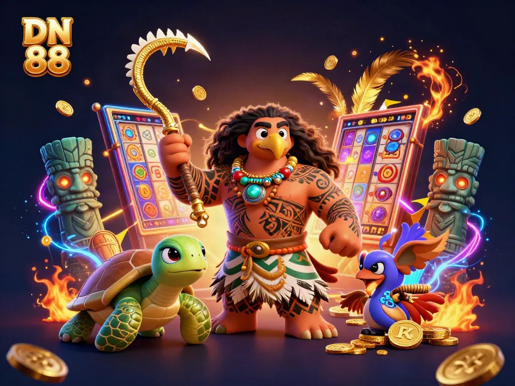 Engage with thrilling gaming action as DN 88 transports you into an immersive casino adventure with vibrant slot reels and dynamic characters.