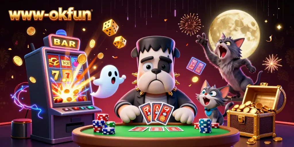Experience thrilling gameplay at www-okfun featuring a spooky casino scene with lively characters and game elements.