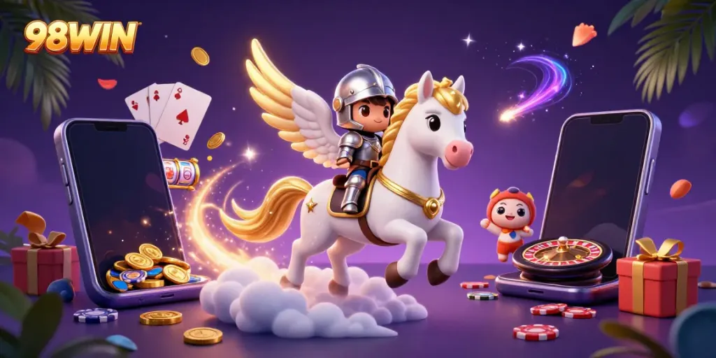 Experience thrilling games with 98WIN as a celestial horse leads to a vibrant casino adventure.