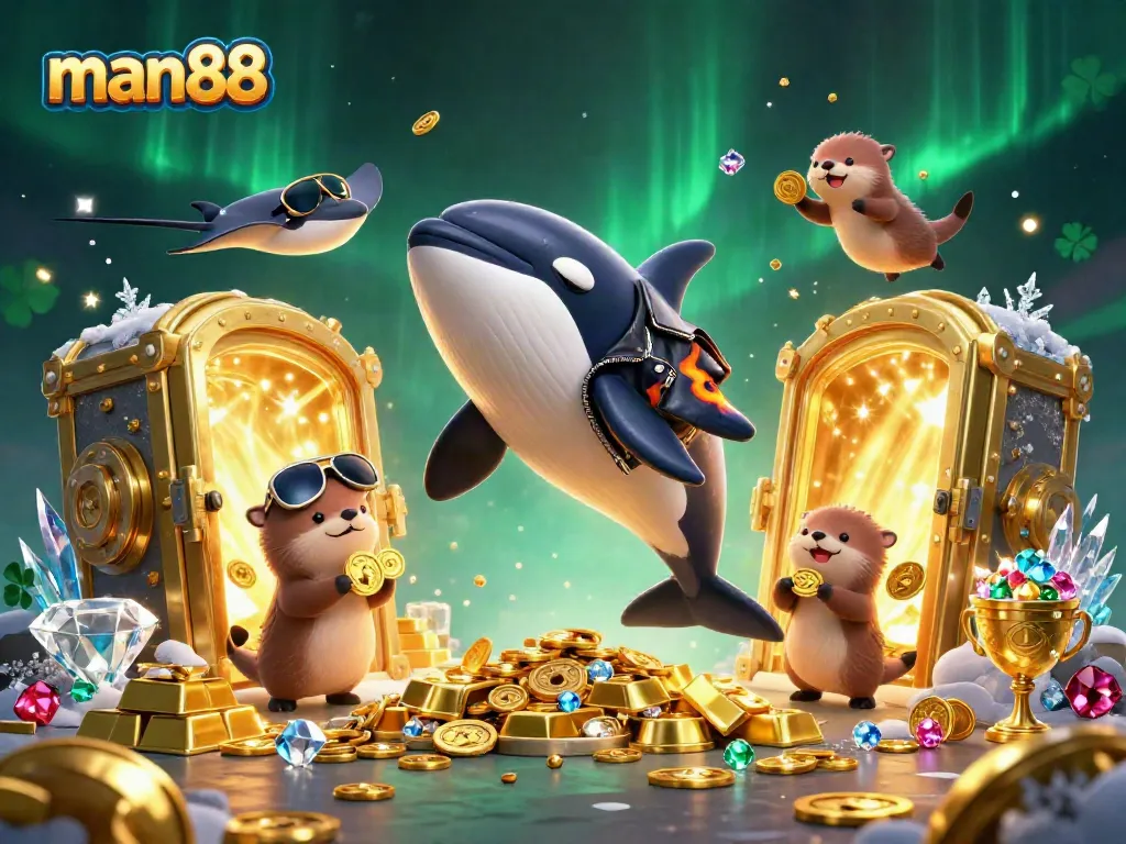 Experience thrilling gameplay at man88 with golden treasures and vibrant casino elements in a dynamic digital illustration.