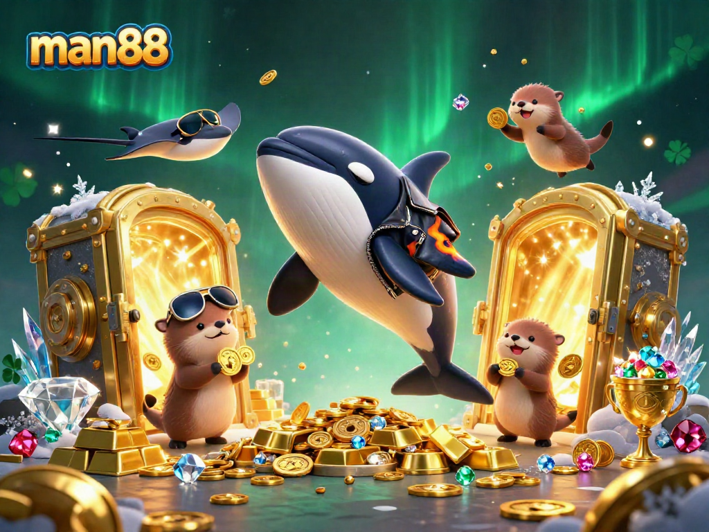 Experience thrilling gameplay at man88 with golden treasures and vibrant casino elements in a dynamic digital illustration.