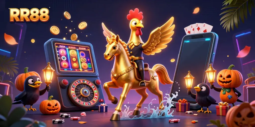 Experience exciting RR88 online gaming with a golden rooster character in a vibrant casino setting.