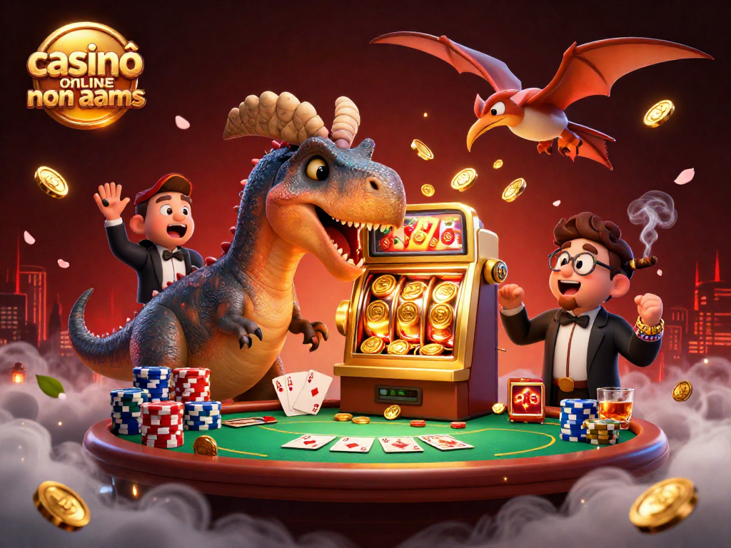 Raccogliendo monete d'oro nei casinò online non AAMS, un pachicefalosauro colpisce una slot machine dorata mentre un ankilosauro gestisce il casino.