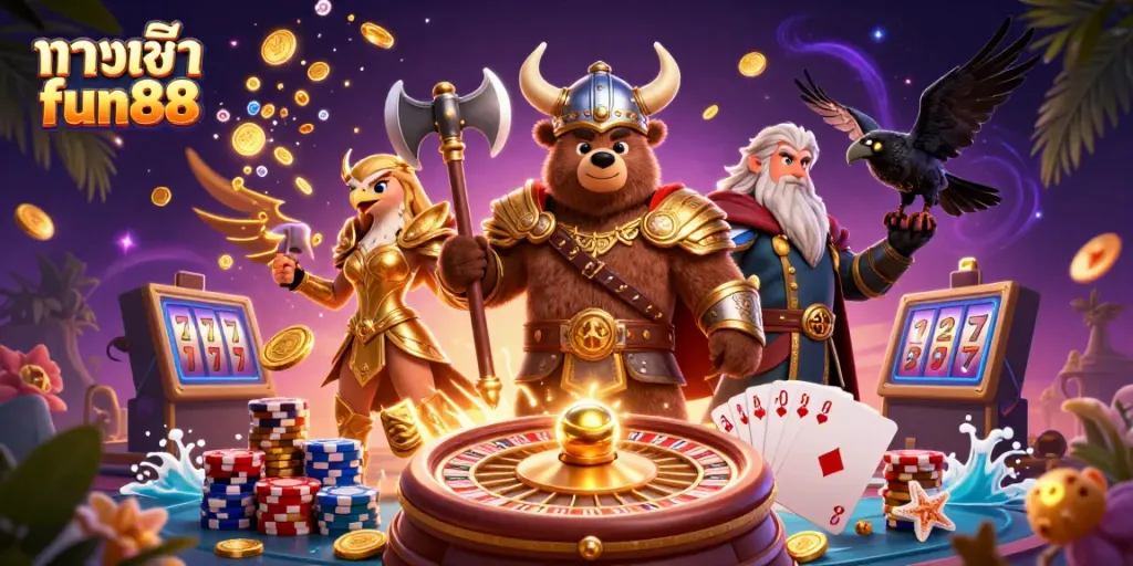 Spin and win at the online casino with ทางเข้า fun88 featuring bear warriors, Valkyries, and shimmering coins.