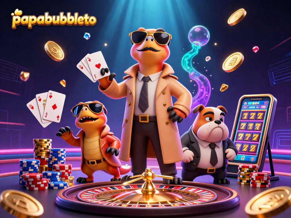 Engage with papabubbleto as raptors sneak into casino, showcasing a vibrant scene full of casino elements.