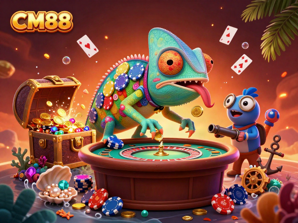 Experience thrilling wins at CM88 casino with vibrant games and a colorful chameleon owner.
