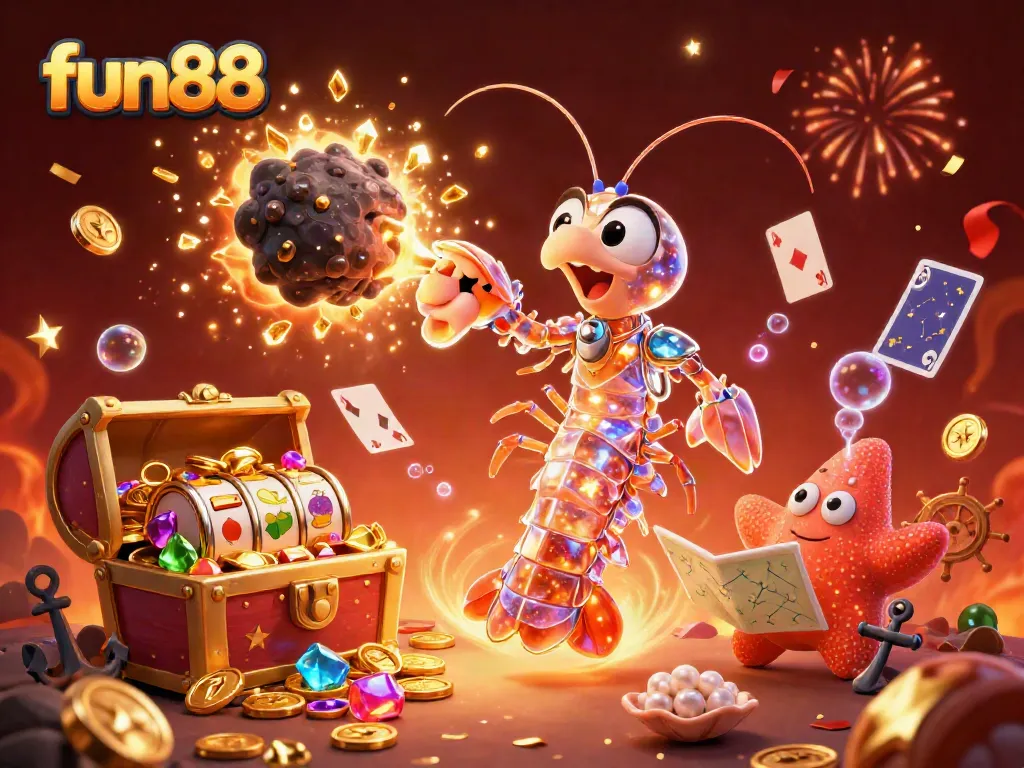 Experience fun88 with a dynamic scene of a galactic samurai mantis shrimp and starfish amidst a treasure-filled casino.