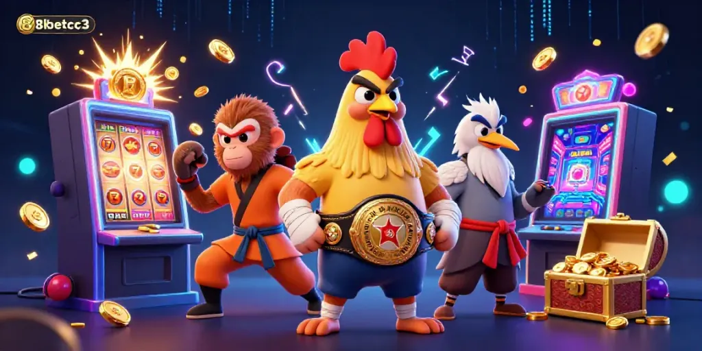 Experience the thrilling action at 8kbetcc3 with a dynamic 3D illustration of casino elements and characters.