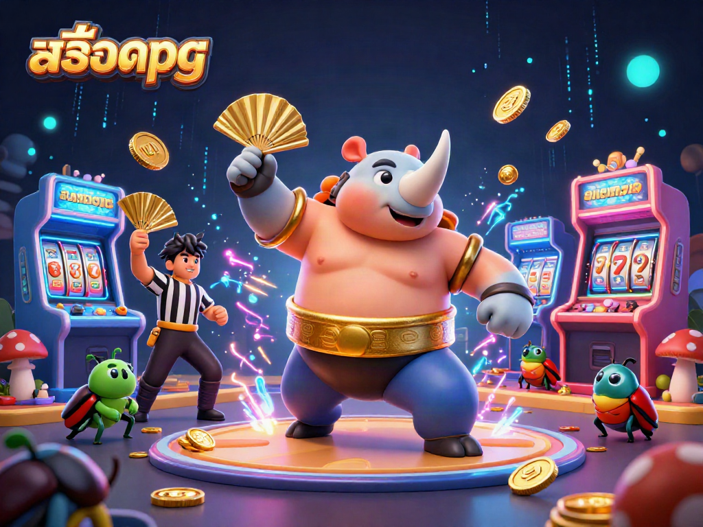 Experience exciting สล็อตpg gameplay with a rhinoceros beetle champion and colorful casino elements.
