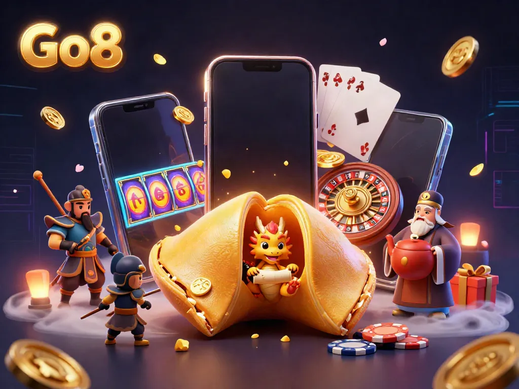 Experience the Go8 excitement with a golden fortune cookie, dragon, and casino elements.