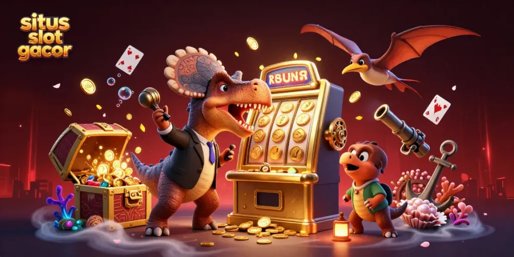 Experience the excitement of situs slot gacor with a cartoon dinosaur in a vibrant casino setting, winning jackpots.