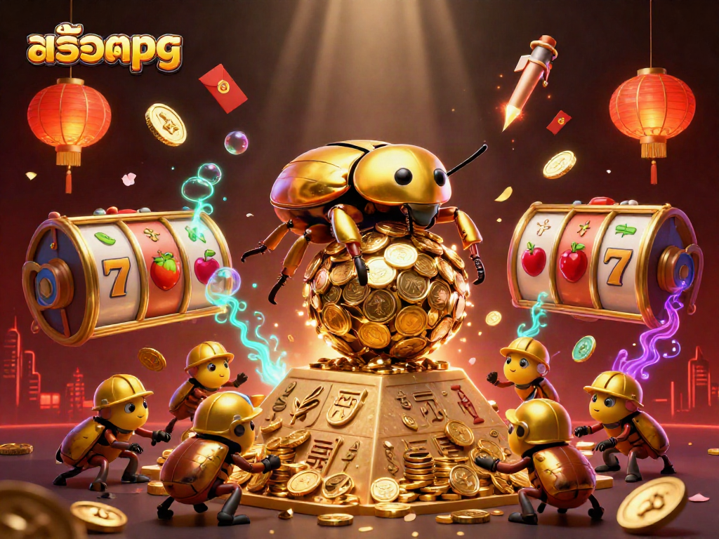 Engage with สล็อตpg as a golden beetle rolls coins up a pyramid in a vibrant casino scene.