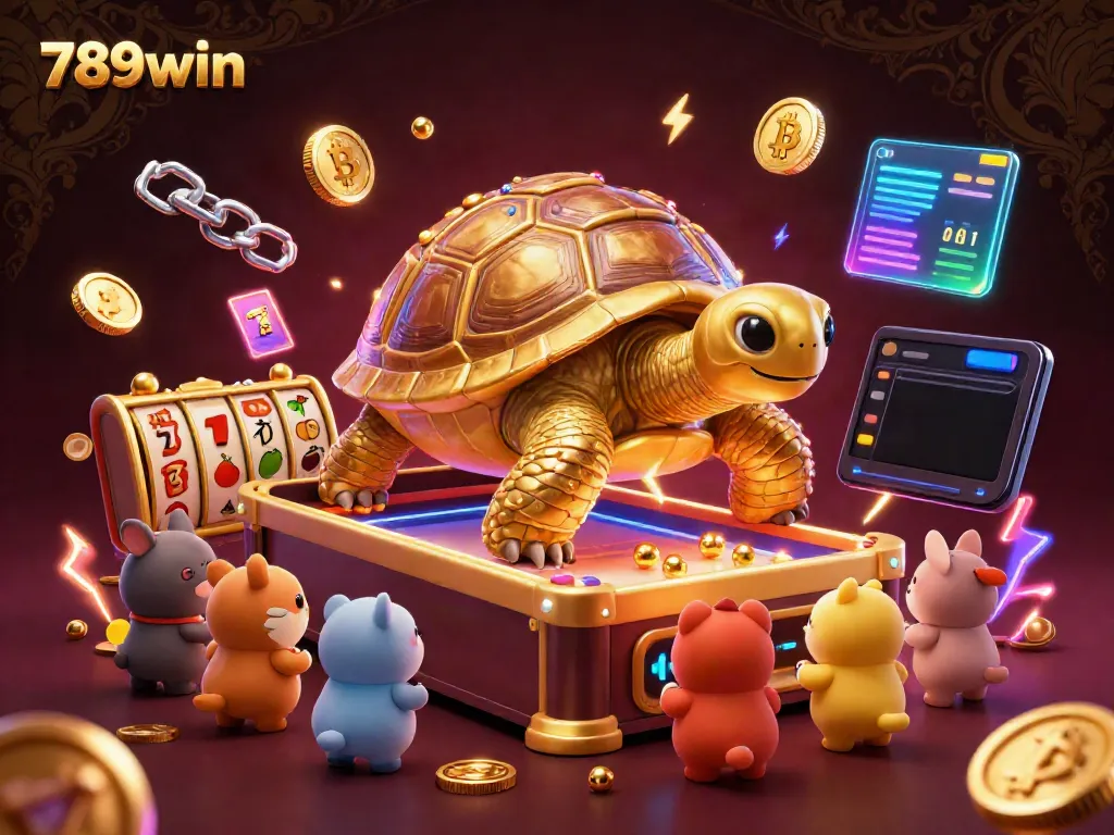 Experience the thrill of 789win's gaming excitement with a vibrant casino illustration featuring a golden tortoise and slot reels.