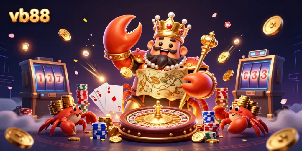 Experience thrilling wins at vb88 with a golden crab emperor amidst cascading coins and rich casino elements.