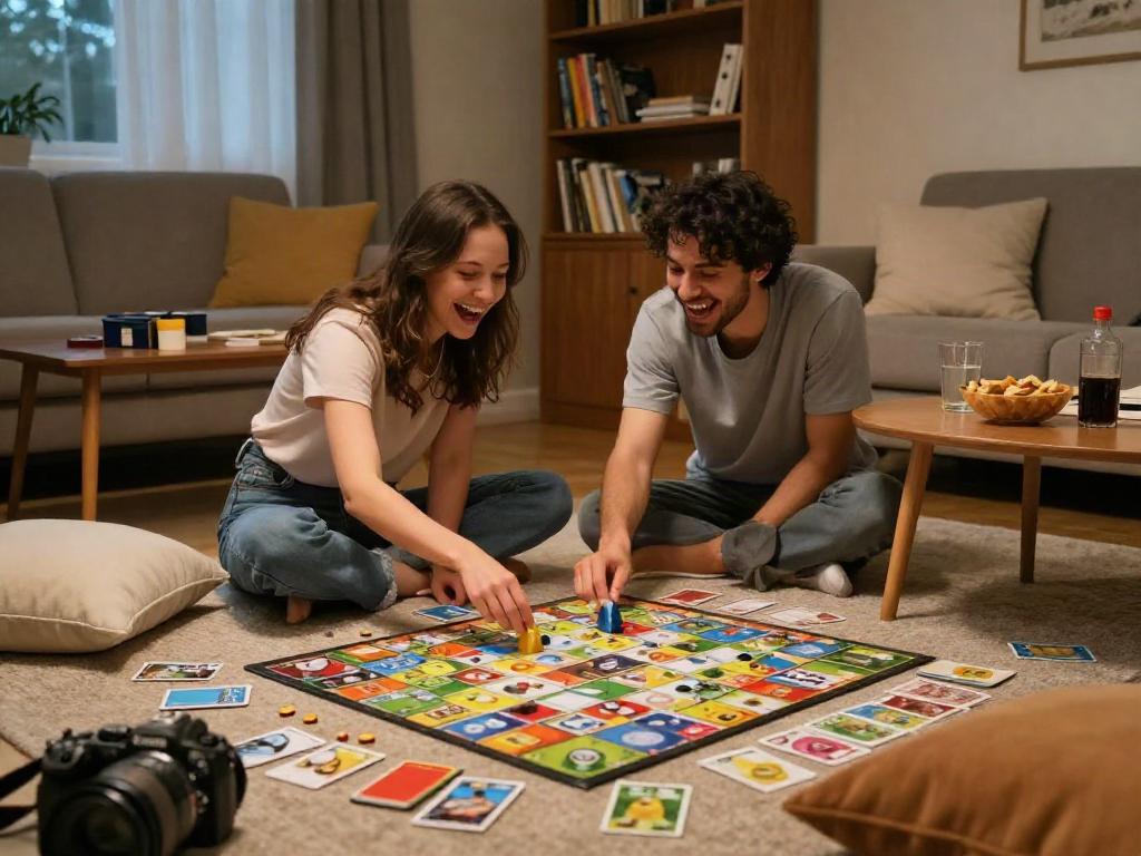 Couple enjoying a sex game during a cozy game night at home, vibrant atmosphere and playful elements.