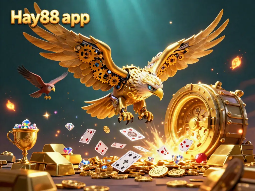 Engage with the Hay88 app, where a golden eagle dives through holographic cards in a treasure-filled scene.