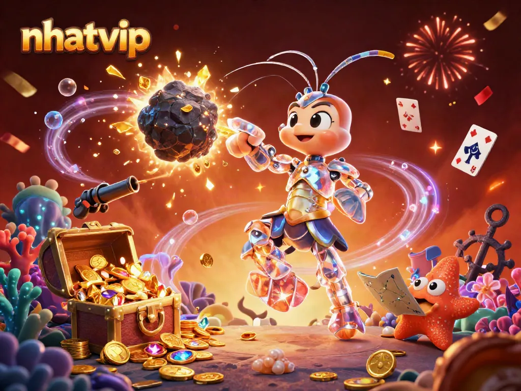 Nhatvip's cartoon characters celebrate a jackpot explosion with shimmering treasures in a vibrant casino-themed scene.