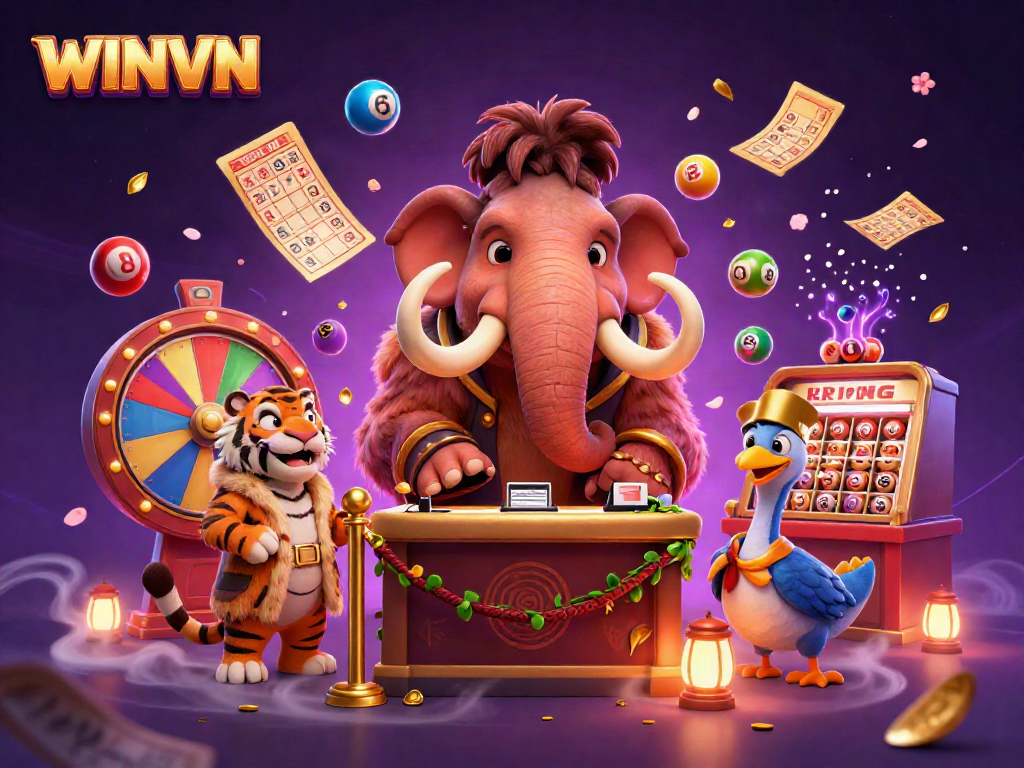 Engage in vibrant gaming at WINVN, featuring a mammoth bouncer and dynamic lottery elements.