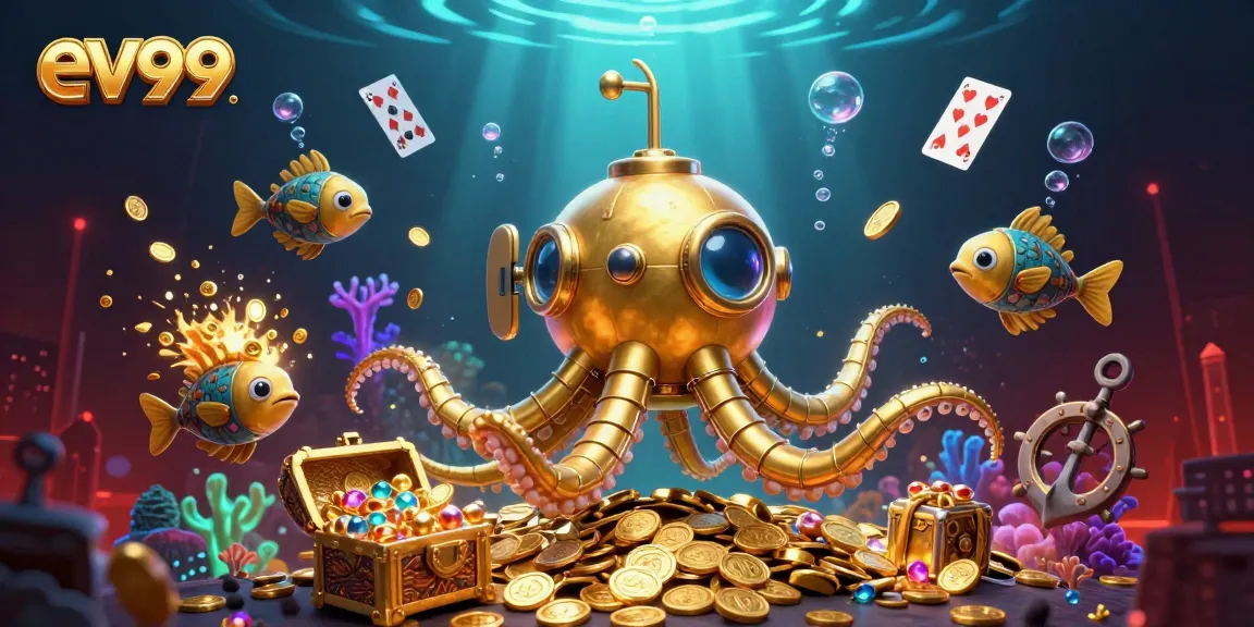 Experience the excitement of ev99 as the golden kraken submarine explores a treasure-filled underwater scene.