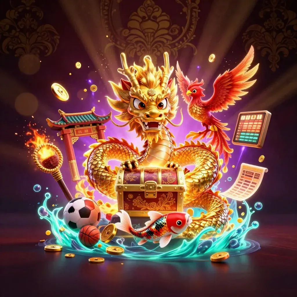 Golden dragon, phoenix and koi amid neon purple and cyan casino energy on a dark luxe backdrop.