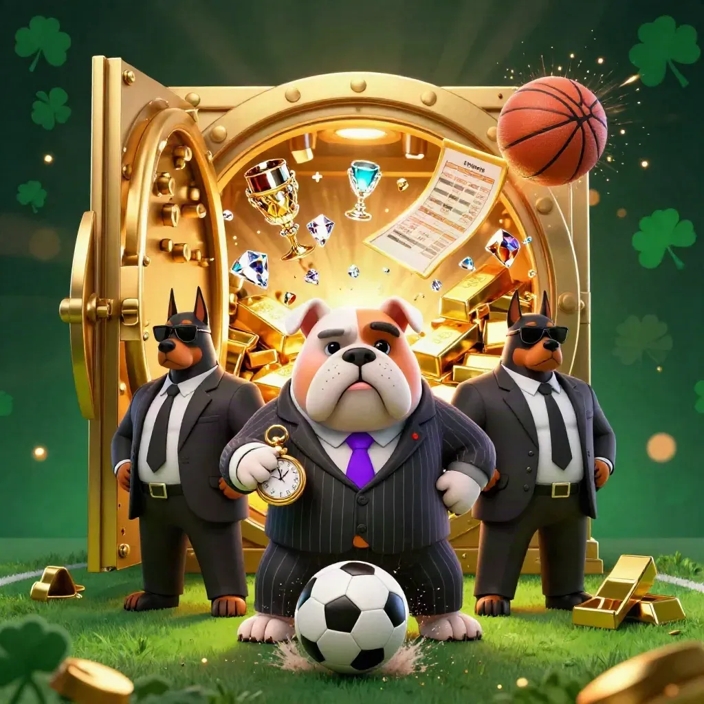 Cartoon bulldog boss and Dobermans amid soccer ball, vault gold, neon esports casino art