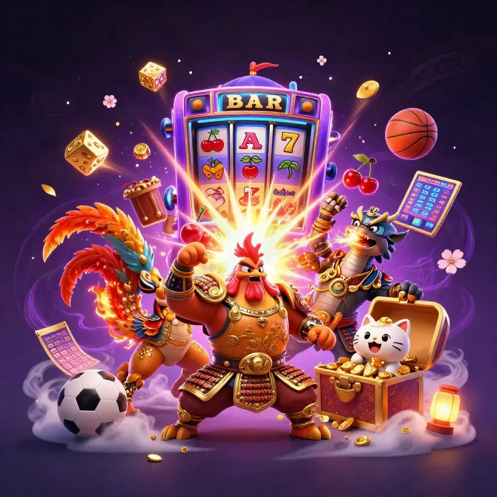 Rooster samurai, dragon hatchling and fortune-cat amid exploding neon slots and gold.