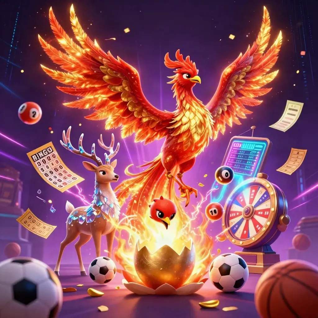 Phoenix, stag, and casino icons explode in neon purple and cyan fantasy key art.