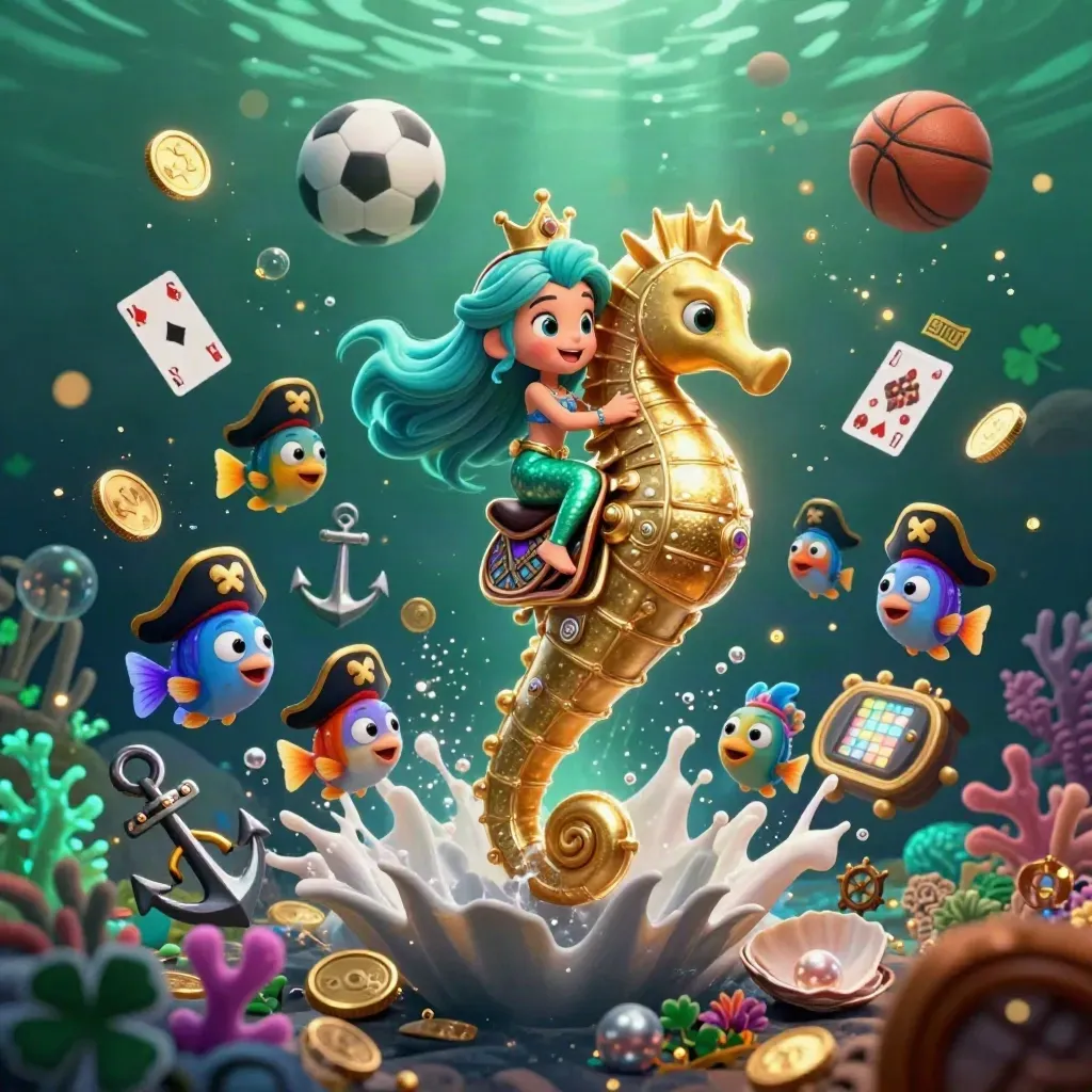 Mermaid princess on a seahorse amid coins, balls, cards and neon treasure light.